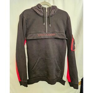Supply & Demand Mens L Black Red 1/4 Zip Pullover Hoodie Logo Graphic Pockets